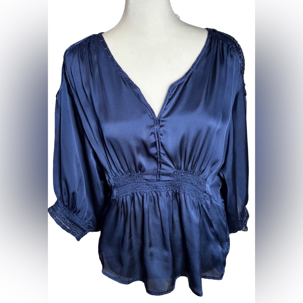 Renee C S Blue V-neck Embroidery Detail Short Sleeve Blouse - Picture 1 of 9